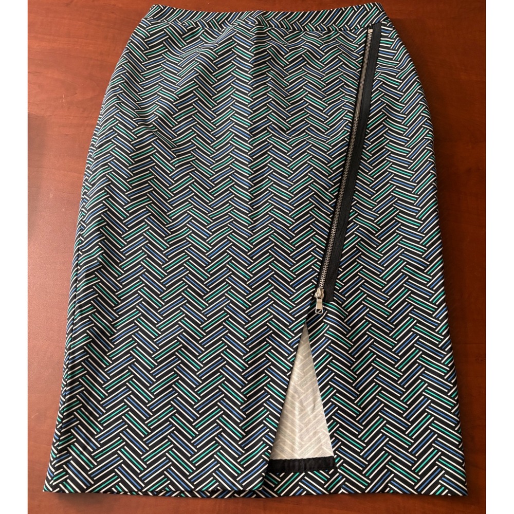 Worthington Geometric Pencil Skirt Blue Teal Chevron Side Zip Slit Size 8